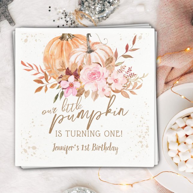 Fall Pumpkins Watercolor Boho Girl 1st Birthday Napkin (Creator Uploaded)