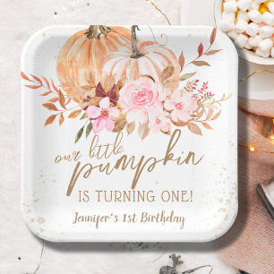 Fall Pumpkins Watercolor Boho Girl 1st Birthday Paper Plate