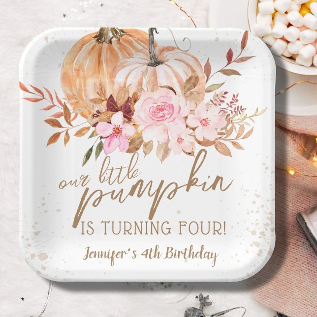 Fall Pumpkins Watercolor Boho Girl 4th Birthday Paper Plate (Creator Uploaded)