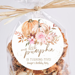 Fall Pumpkins Watercolor Boho Girl 5th Birthday Classic Round Sticker