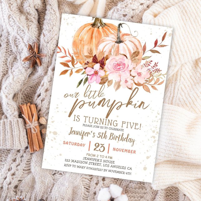 Fall Pumpkins Watercolor Boho Girl 5th Birthday Invitation (Creator Uploaded)