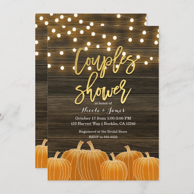 Fall Pumpkins Wood Lights Gold Couple's Shower  Invitation (Front/Back)