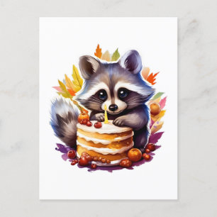 Fall Racoon with a 1th Birthday cake Postcard