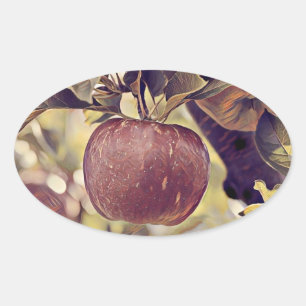 Fall red apple fruit and leaves watercolor oval sticker