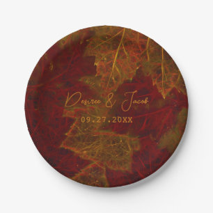Fall Red Gold Rustic Elegant Maple Leaves Paper Plate