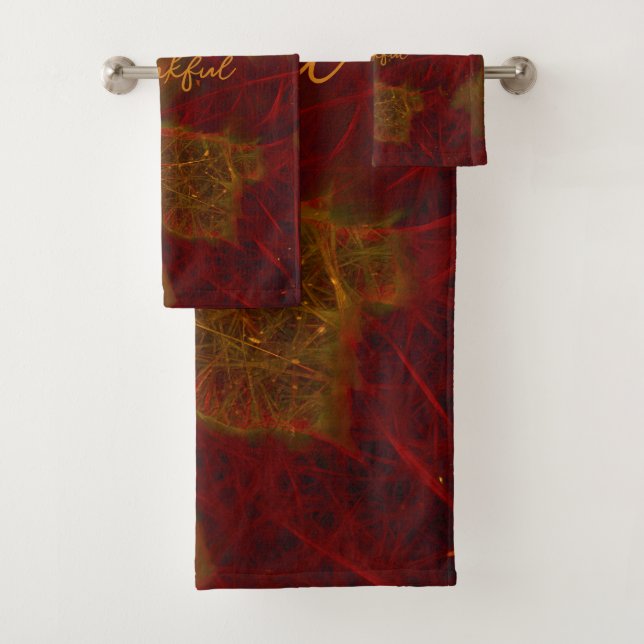 Fall Red Gold Rustic Elegant Maple Leaves Thankful Bath Towel Set (Insitu)