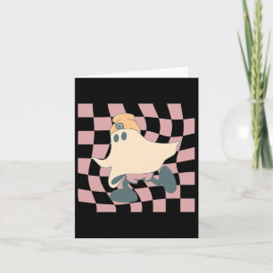 Fall Retro Chequerboard Halloween Ghost Beanie Spo Card
