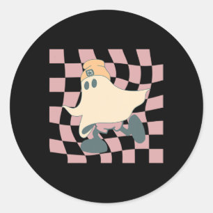 Fall Retro Chequerboard Halloween Ghost Beanie Spo Classic Round Sticker