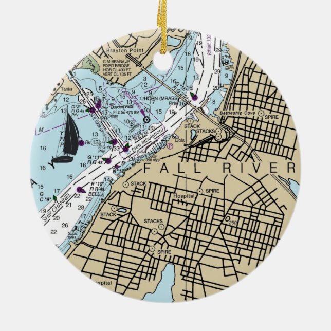 Fall River MA Nautical Chart Ceramic Ornament (Back)