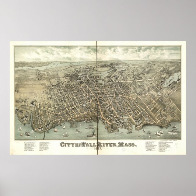 Fall River Mass. 1877 Antique Panoramic Map Poster (Front)