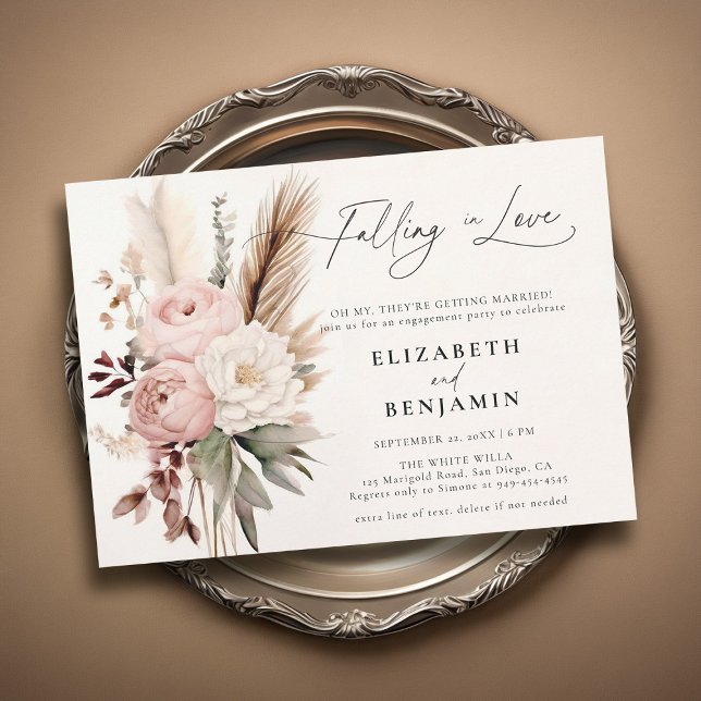Fall Romantic Boho Peony Pampas Engagement Party Invitation (fall engagement party invitation falling in love peony pampas boho chic rust burnt orange watercolor)