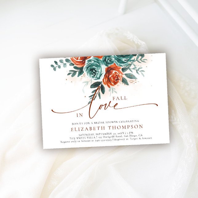 Fall Romantic Boho Roses Greenery Bridal Shower Invitation (fall in love bridal shower invitation teal burnt orange terracotta watercolor floral horizontal)