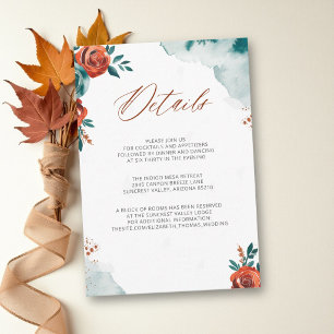 Fall Romantic Bold Teal Orange Wedding Details Enclosure Card