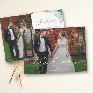 Fall Romantic Bold Teal Orange Wedding Photos Thank You Card