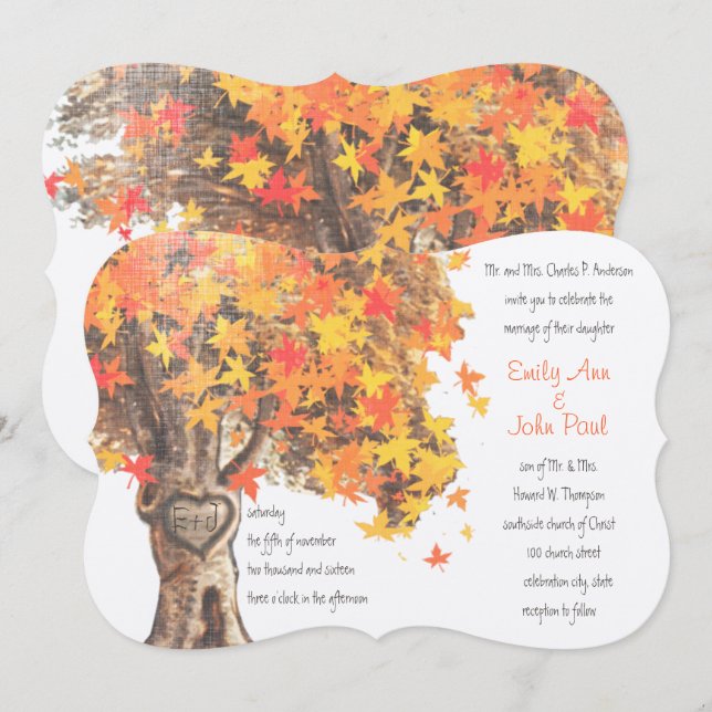 Fall Romantic Rustic Tree Orange Yellow Wedding Invitation (Front/Back)