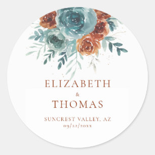 Fall Romantic Soft Teal Orange Elegant Wedding Classic Round Sticker