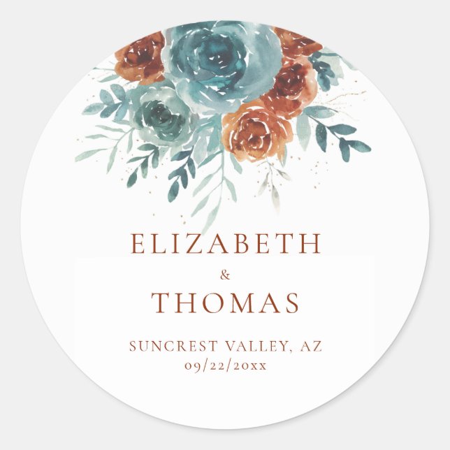 Fall Romantic Soft Teal Orange Elegant Wedding Classic Round Sticker (Front)