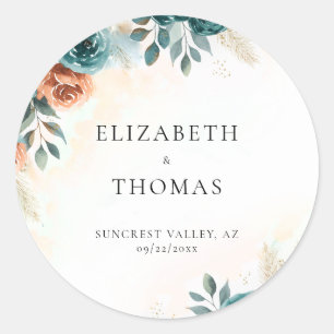 Fall Romantic Teal Burnt Orange Elegant Wedding Classic Round Sticker