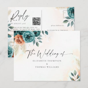 Fall Romantic Teal Burnt Orange QR Code RSVP Postcard
