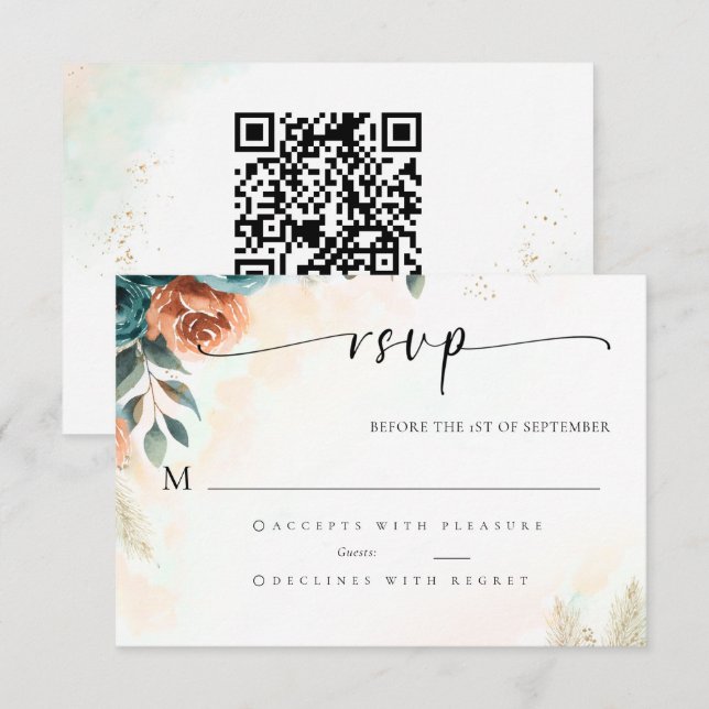 Fall Romantic Teal Burnt Orange QR Wedding RSVP (Front/Back)