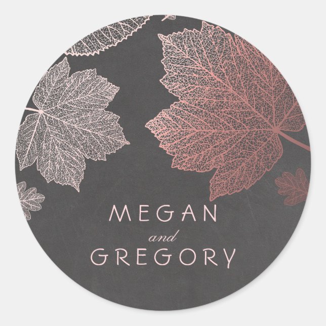Fall Rose Gold and Chalkboard Leaves Wedding Classic Round Sticker (Front)