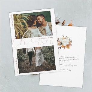 Fall Roses Leaves Chic Wedding 2 Photos Save Date Invitation