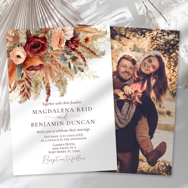 Fall Rust Burgundy Florals Pampas Photo Wedding Invitation (Creator Uploaded)