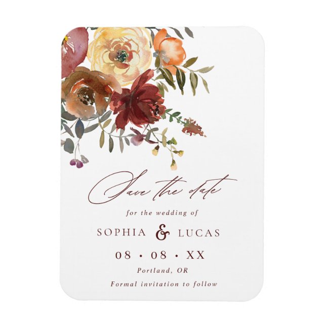 Fall Rust Burgundy Orange Script Wedding Save The  Magnet (Vertical)