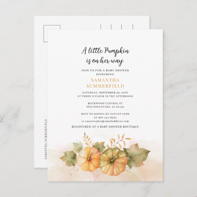 Fall Rust Leaves Little Pumpkin Girl Baby Shower Invitation Postcard (Front/Back)