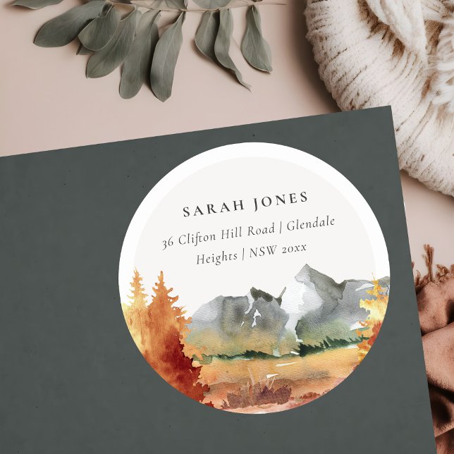 Fall Rust Orange Mountain Trees Foliage Address Classic Round Sticker (Creator Uploaded)