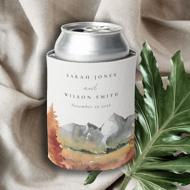 Fall Rust Orange Mountain Trees Foliage Wedding  Can Cooler (Creator Uploaded)