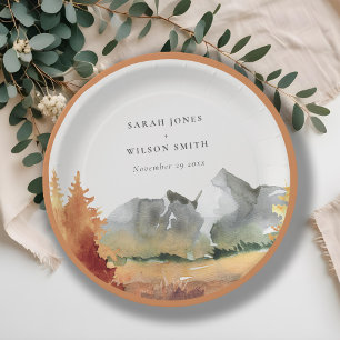 Fall Rust Orange Mountain Trees Foliage Wedding  Paper Plate