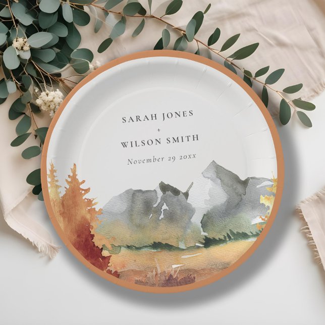 Fall Rust Orange Mountain Trees Foliage Wedding  Paper Plate (Creator Uploaded)