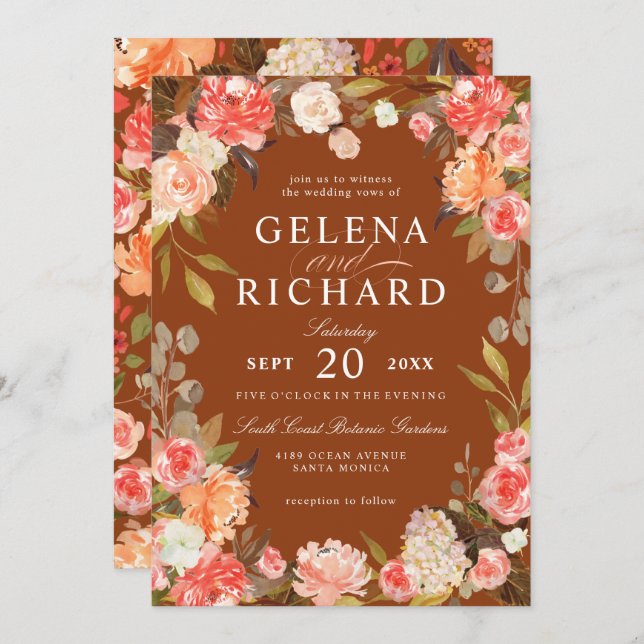 Fall Rust Peach Olive Watercolor Floral Wedding Invitation (Front/Back)