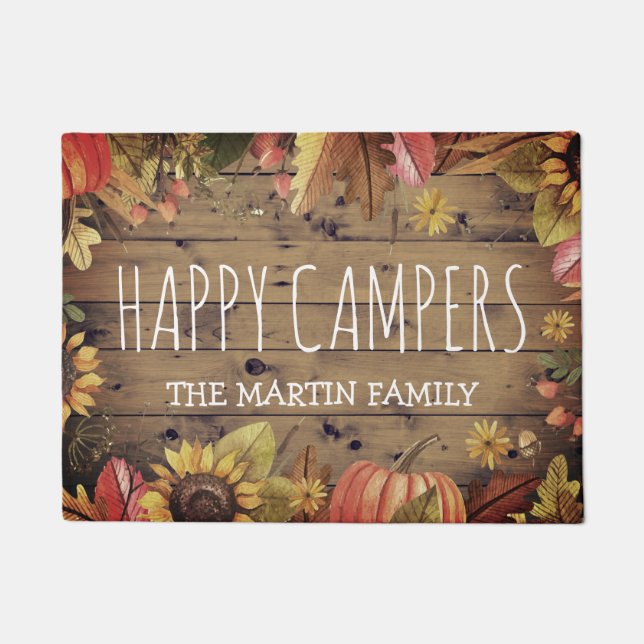 Fall Rustic Barn Wood Personalised | Happy Camper Doormat (Front)