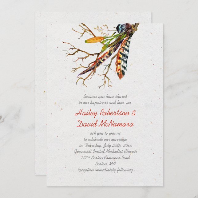 Fall Rustic Boho Feathers Vines Wedding | Invitation (Front/Back)