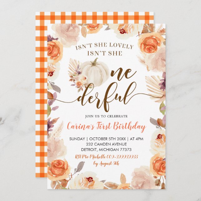 Fall Rustic Boho Pumpkin Onederful Birthday Invita Invitation (Front/Back)