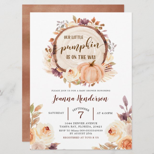 Fall Rustic Boho Woodland Pumpkin Baby Shower Invitation (Front/Back)