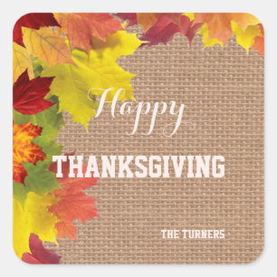 Fall Rustic Burlap Happy Thanksgiving Monogram Square Sticker