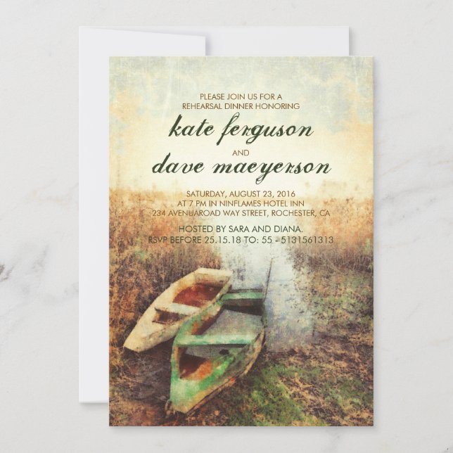 Fall Rustic Canoe Waterfront Rehearsal Dinner Invitation (Front)