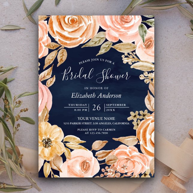 Fall Rustic Earthy Floral Navy Blue Bridal Shower Invitation (Creator Uploaded)
