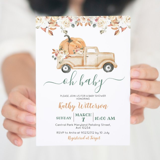 Fall Rustic Peach Pumpkin Truck Baby Shower Invitation (Creator Uploaded)