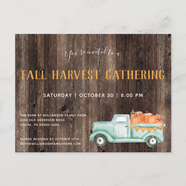 Fall Rustic Pick Up Pumpkins Fall Party Invitation Postcard (Front)
