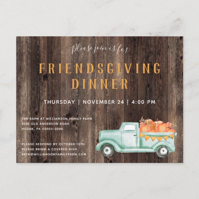 Fall Rustic Pick Up Pumpkins Friendsgiving Dinner  Invitation Postcard (Front)