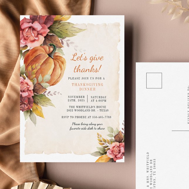 Fall Rustic Pumpkin Thanksgiving Invitation  Postcard (Creator Uploaded)