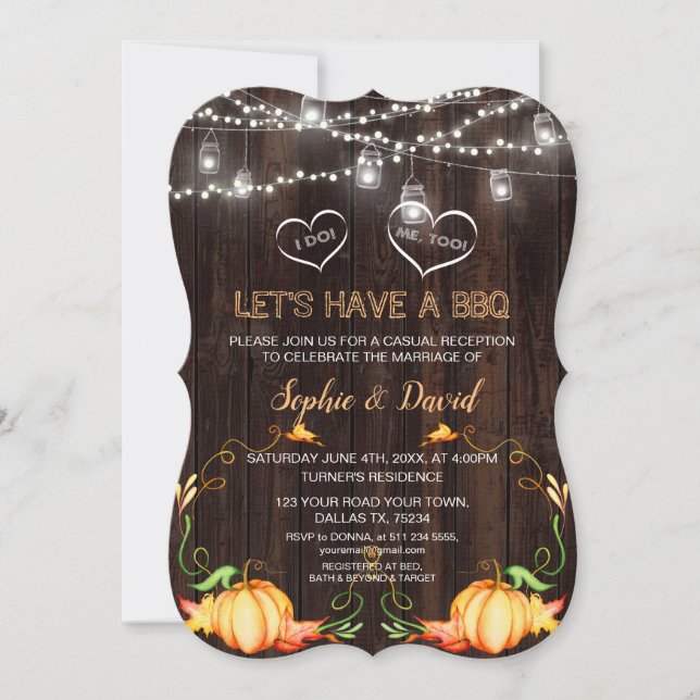 Fall Rustic Pumpkins String Lights Wood I DO BBQ Invitation (Front)