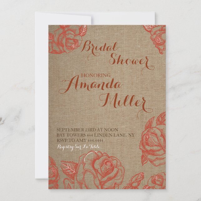 Fall Rustic Rose Burlap Bridal Shower Invitations (Front)