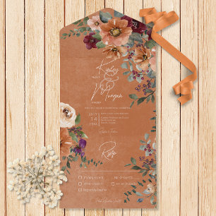 Fall Rustic Rust & Wine Floral Rust Dinner All In One Invitation