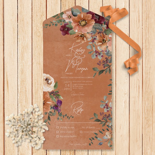 Fall Rustic Rust & Wine Floral Rust Dinner     All In One Invitation (Also available with a QR code or without dinner selection options.)