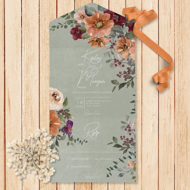 Fall Rustic Rust & Wine Floral Sage No Dinner All In One Invitation (Also available with a QR code or with dinner selection options.)